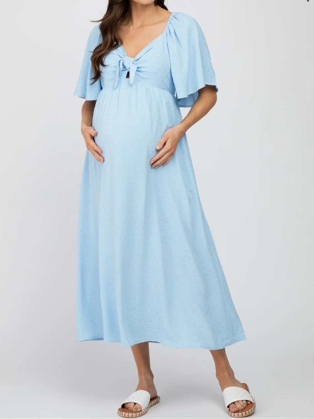 Light Blue Textured Dot Front Tie Ruffle Sleeve Maternity Midi Dress
